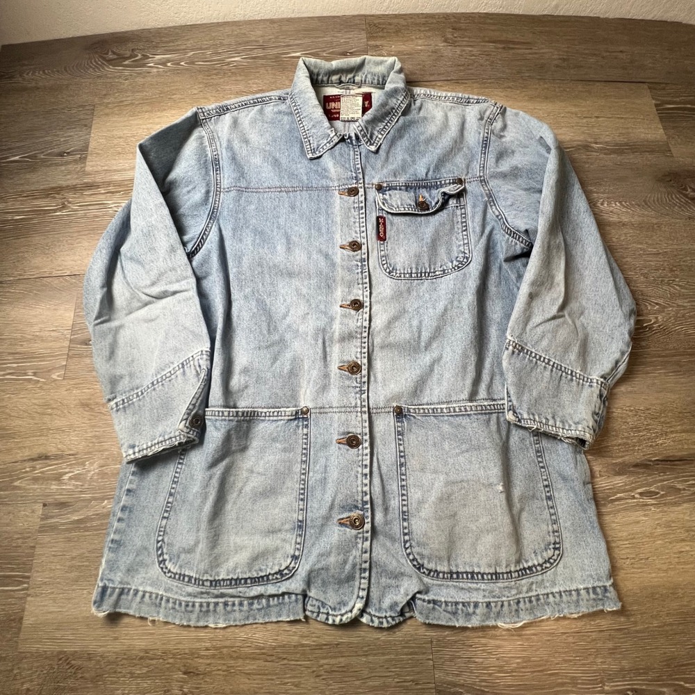 Unionbay Denim Chore Jacket Womens Size M Light Blue Button Front Longline 90s